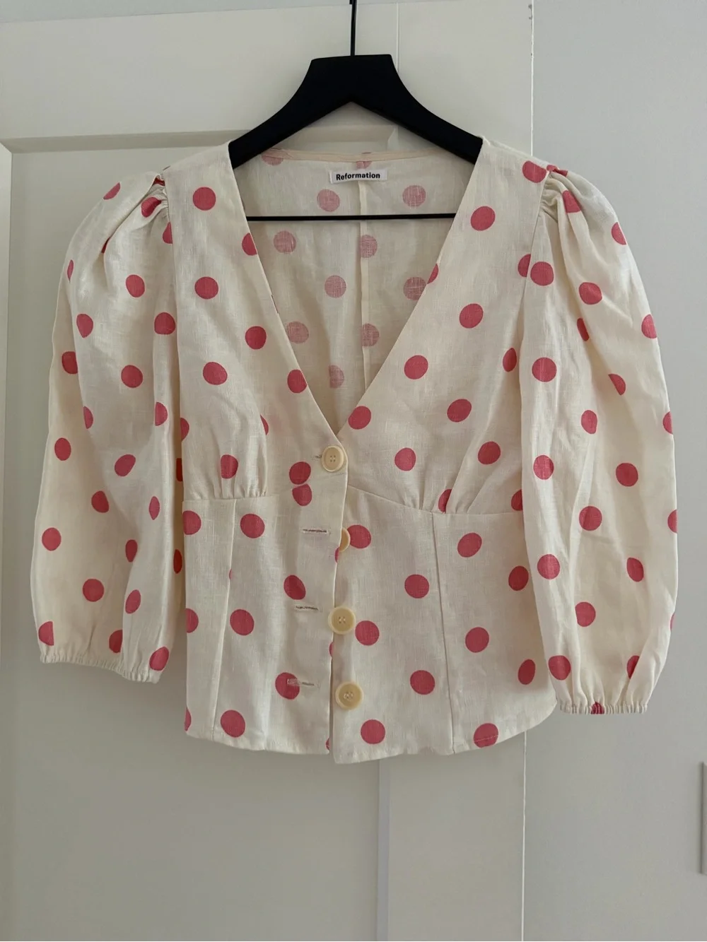Reformation Cream Blouse with Pink Polka Dots and Puff Sleeves